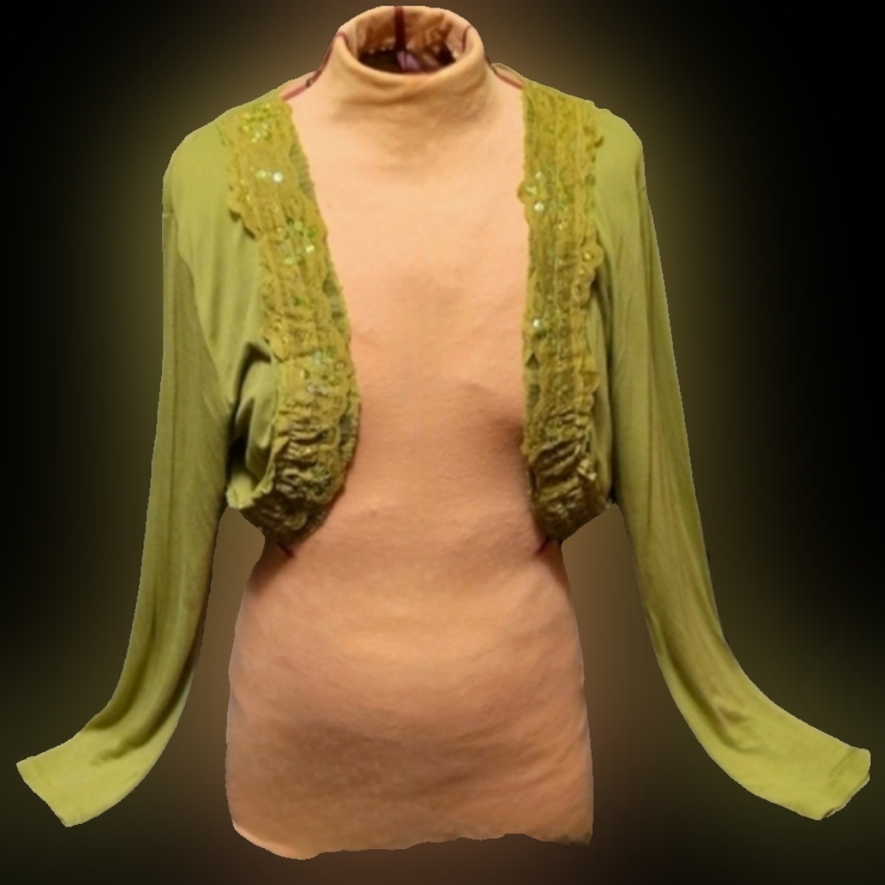 Vtg Y2K Harley Davidson olive green sequins lace long sleeve bolero shrug L NWT - Picture 2 of 16